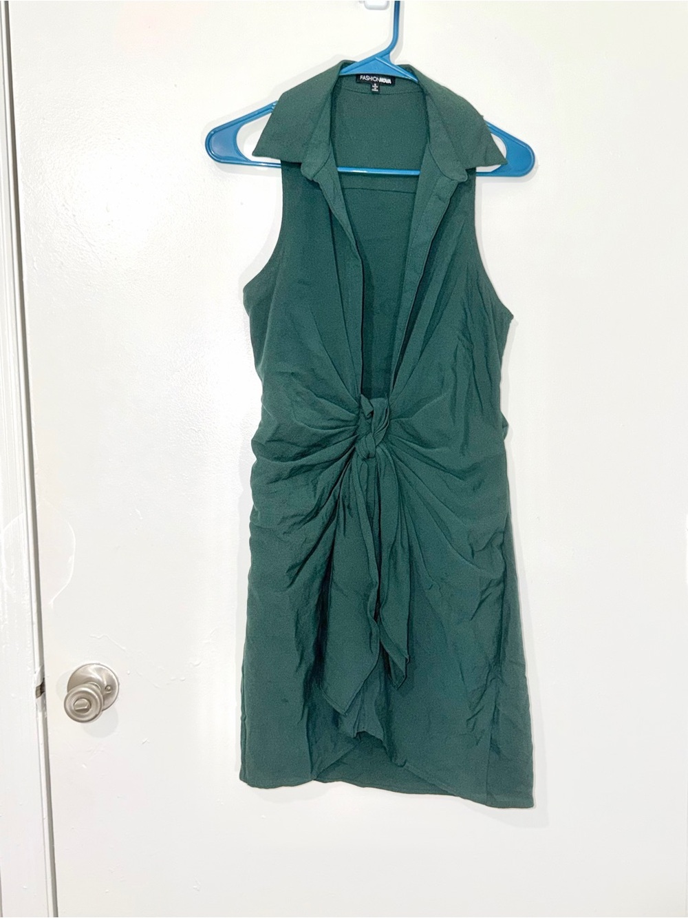 Dark Green Mini Shirt Dress Small Front Knot Ruched Sirencore Y2K S
